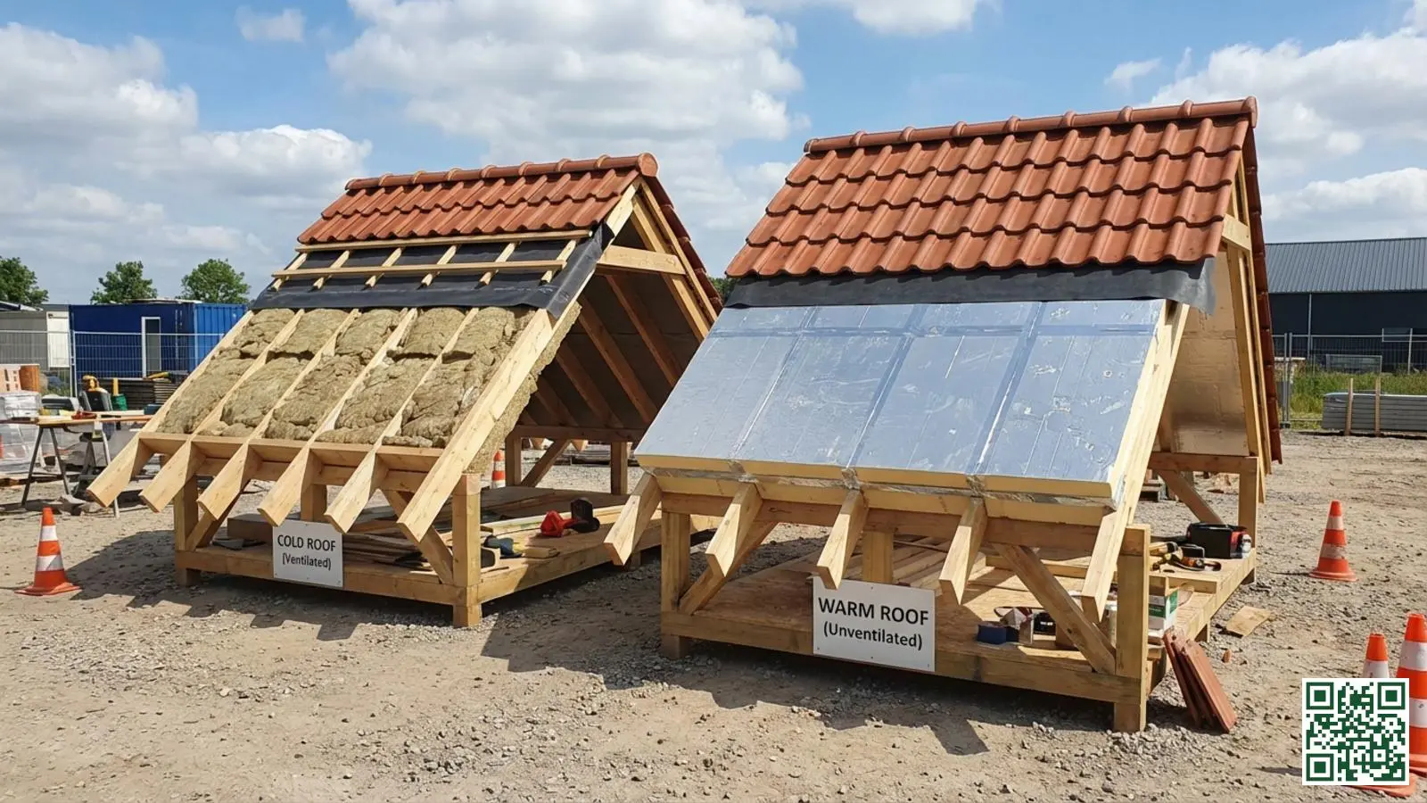 Doorsnede vergelijking van een koud dak met isolatie tussen balken en een warm dak met isolatie bovenop de constructie