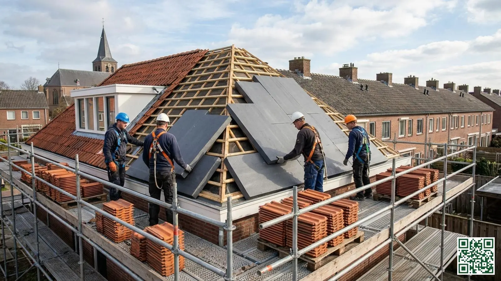 Dakwerkers installeren isolatieplaten aan de buitenzijde van een hellend dak bij sarking methode