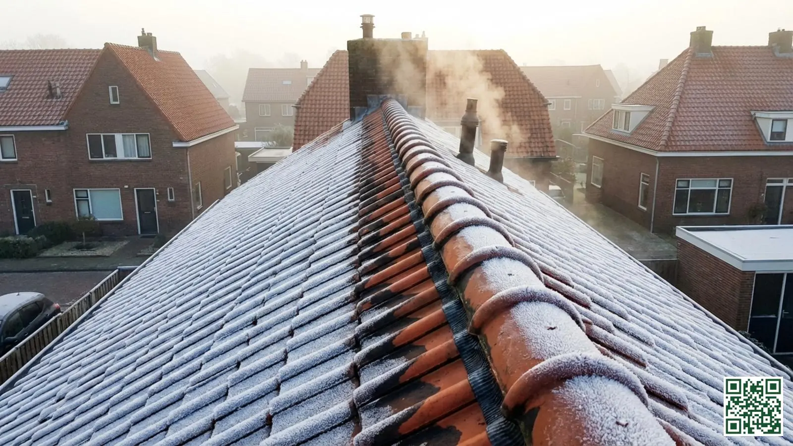 Nederlands woonhuis met zichtbaar warmteverlies via koudebruggen waar vorst op het dak is gesmolten