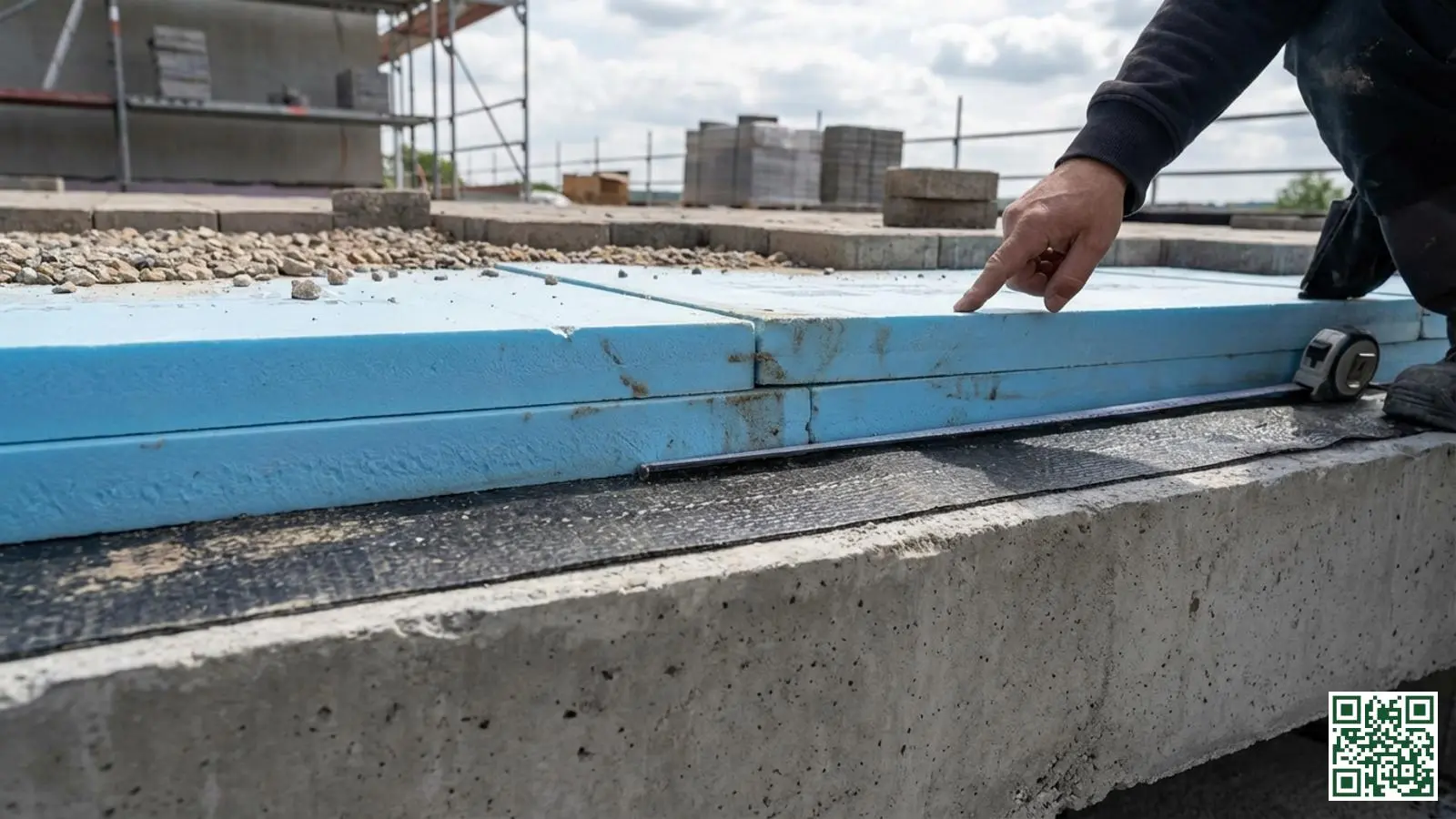 Doorsnede van een omgekeerd dak met blauwe XPS isolatieplaten op de waterdichte dakbedekking