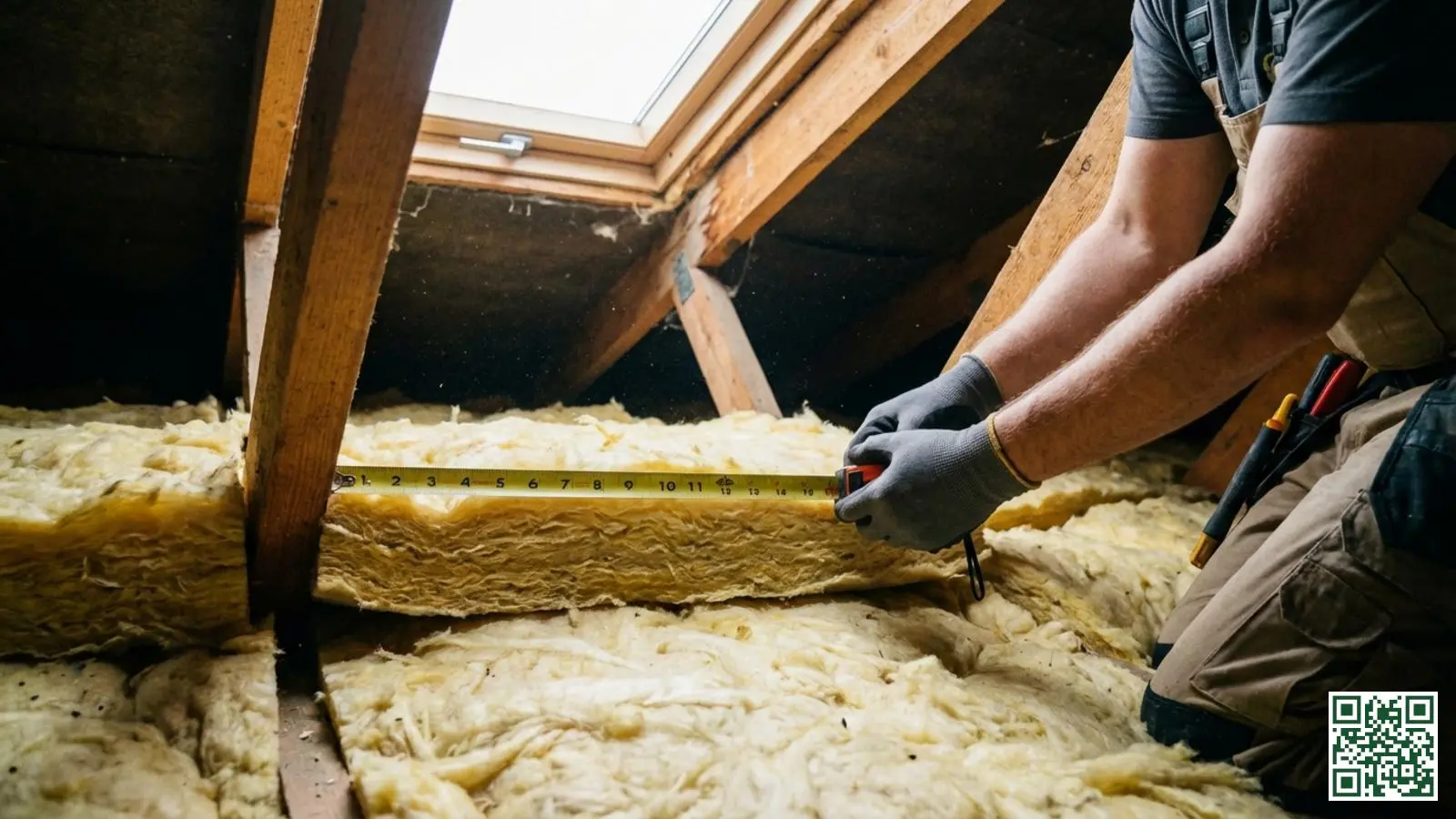Vakman meet de dikte van minerale wol isolatie met een meetlint tussen dakbalken op zolder