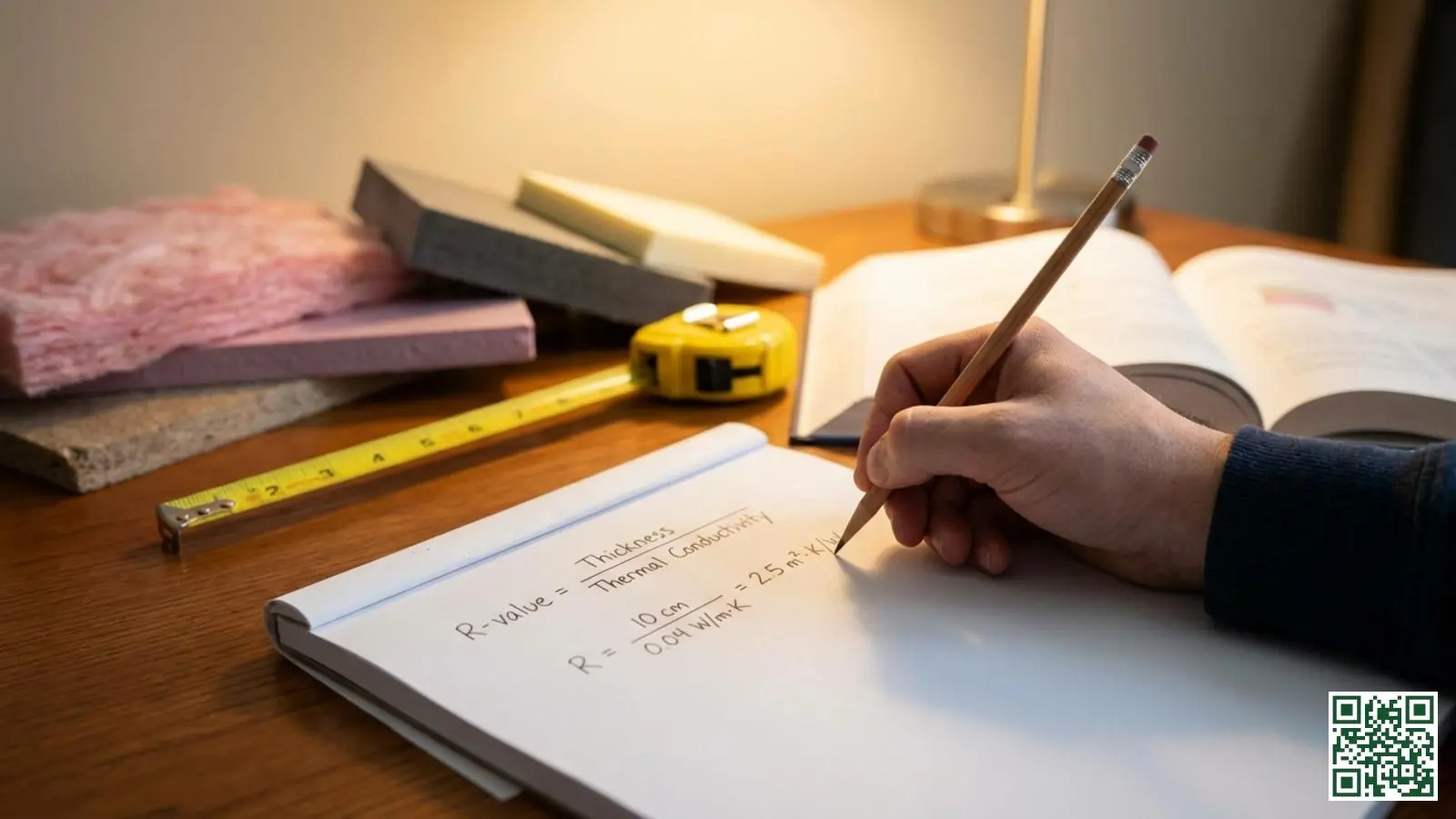 Hand schrijft R-waarde berekening op papier met isolatiemateriaal monsters op de achtergrond