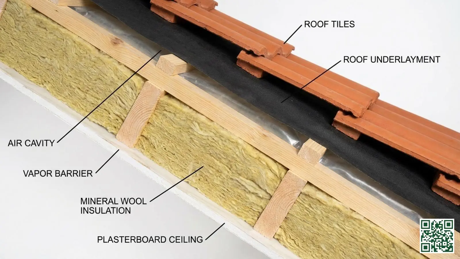 Technische doorsnede van een geïsoleerd dak met duidelijk zichtbare luchtspouw boven de isolatielaag