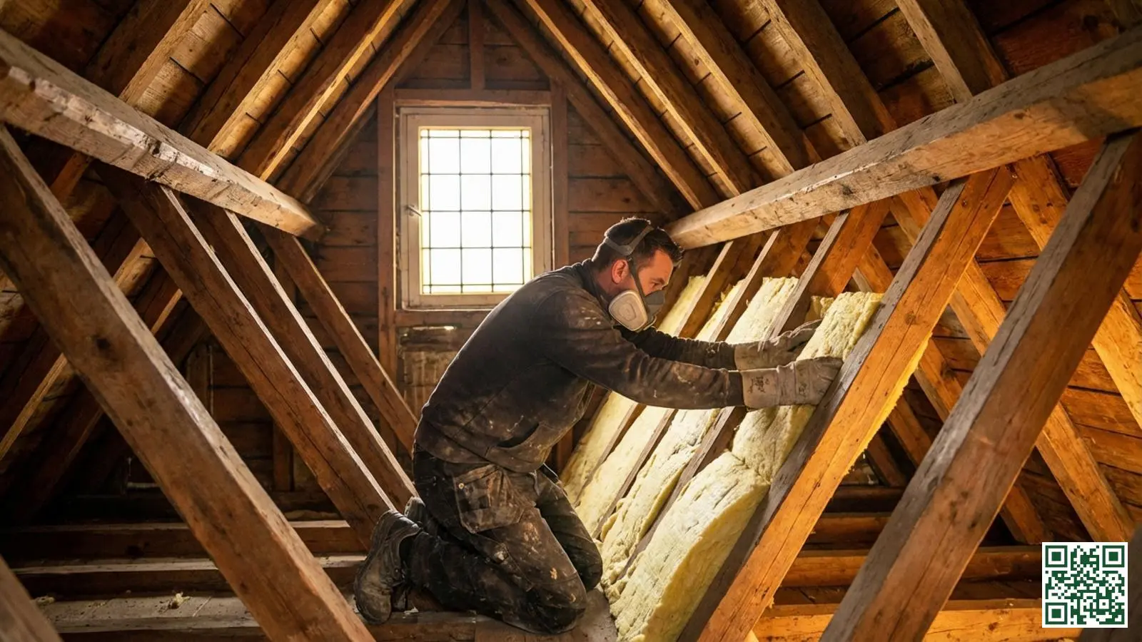Vakman plaatst minerale wol isolatie tussen de dakbalken aan de binnenzijde van een Nederlandse zolder