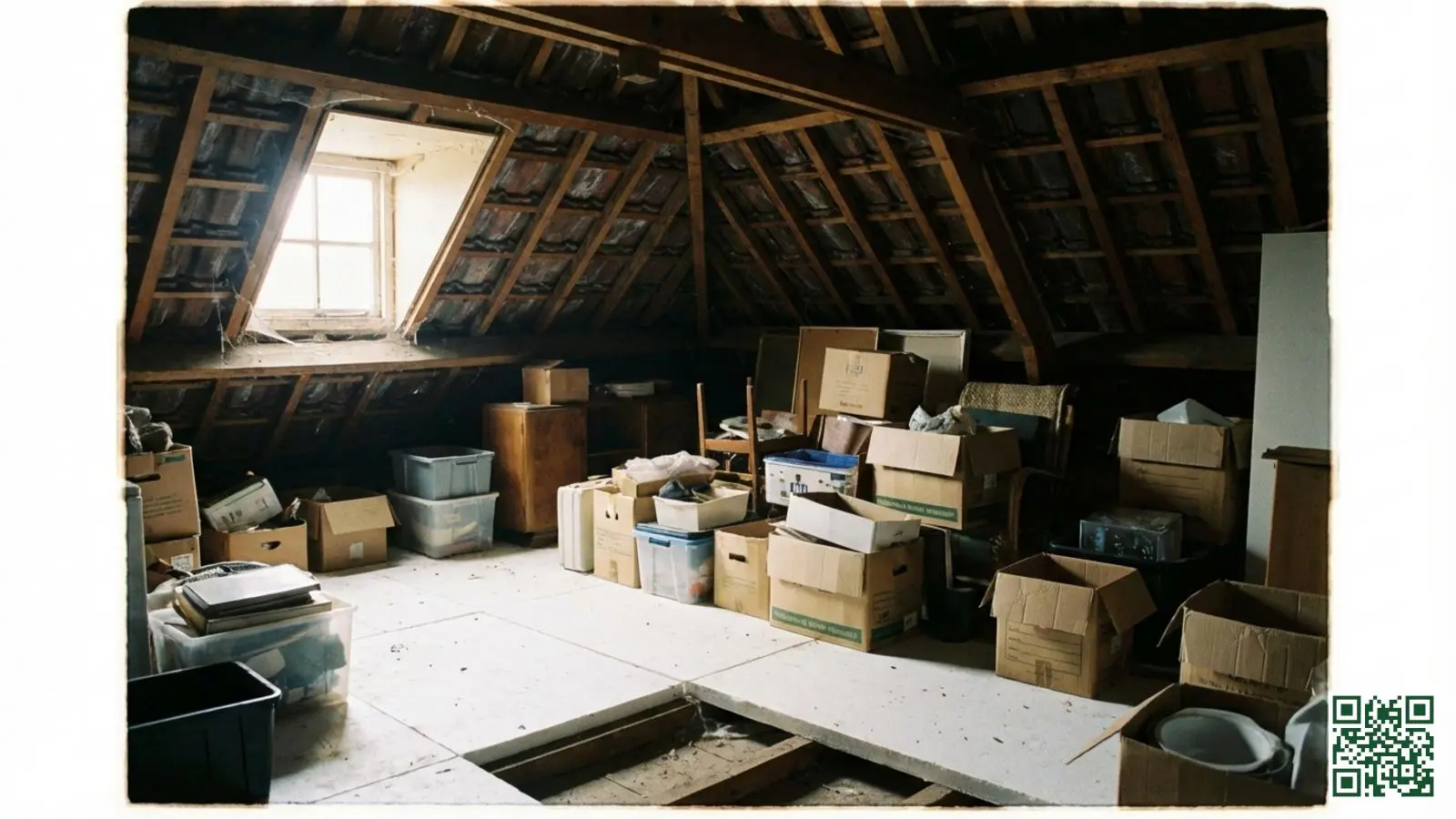 Nederlandse zolder met witte isolatieplaten op de vloer gebruikt voor opslag van dozen en huishoudelijke spullen