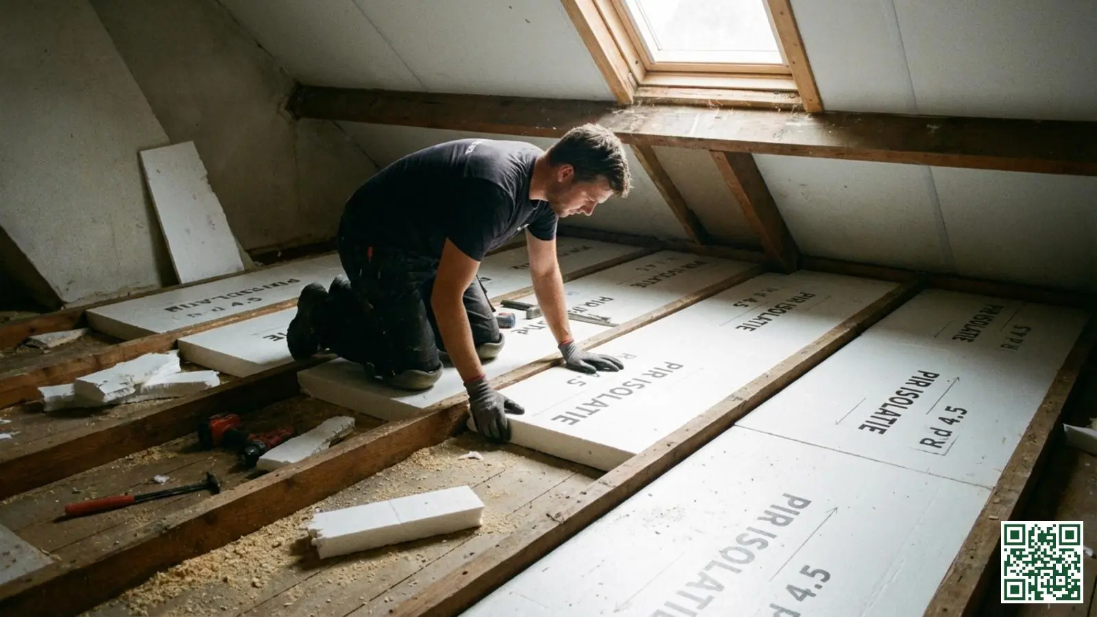 Installatie van witte PIR isolatieplaten op een zoldervloer door een vakman in een Nederlandse woning