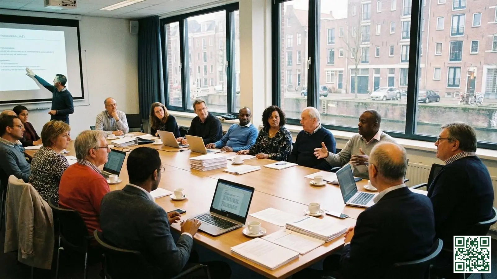 VvE-vergadering met appartementseigenaren rond een tafel met documenten en laptops