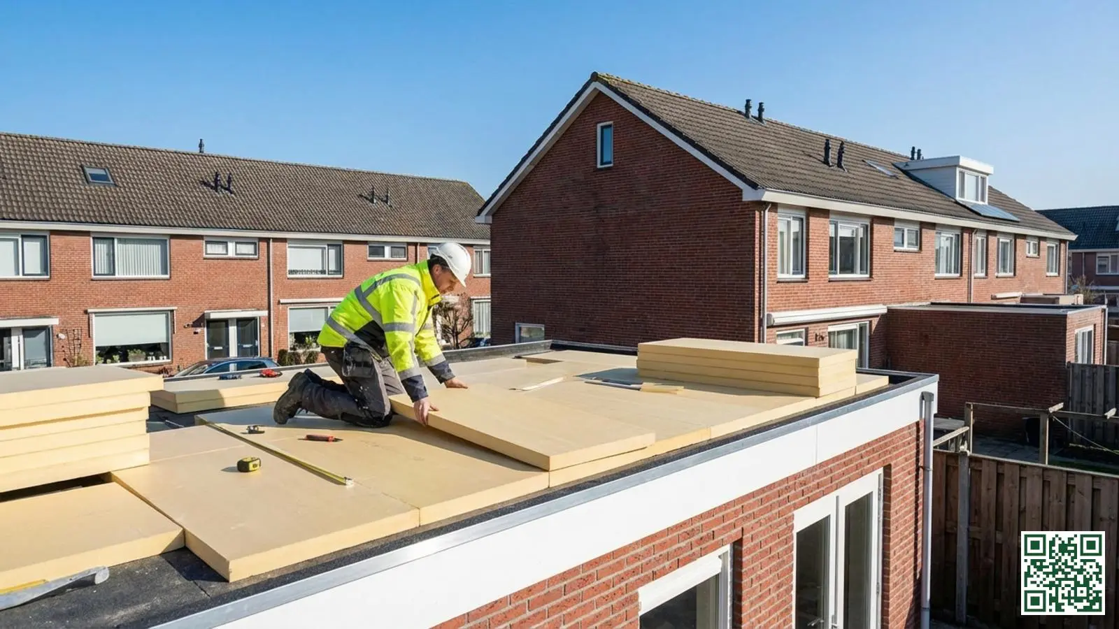 PIR isolatieplaten worden geplaatst op het platte dak van een aanbouw tijdens renovatiewerkzaamheden