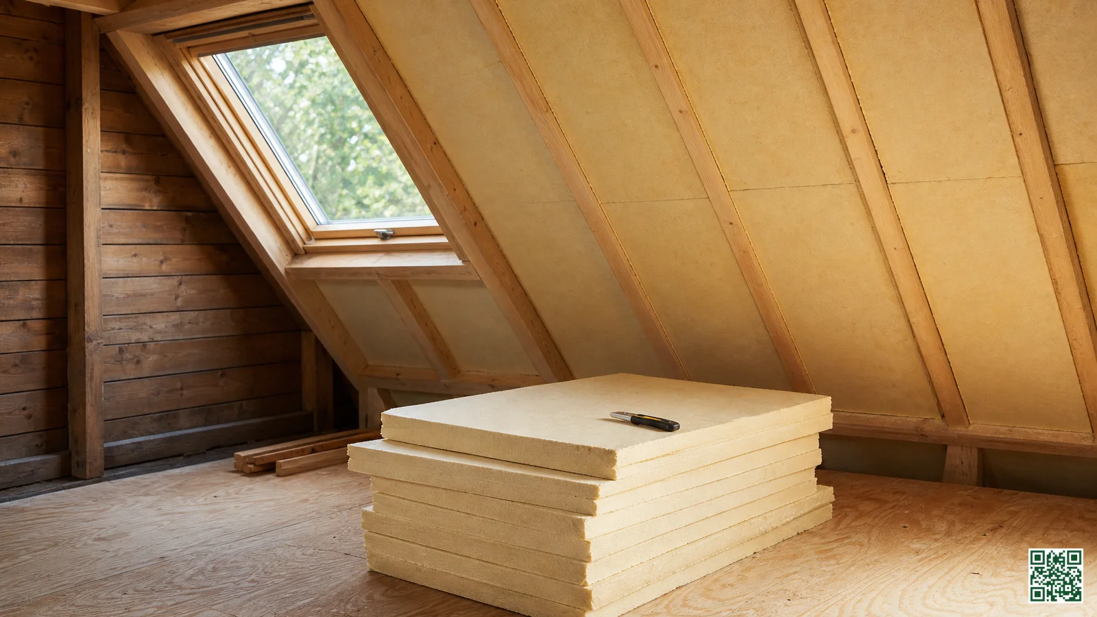Interieur van een bijgebouw met PIR-isolatieplaten tussen dakspanten en een stapel isolatiemateriaal op de vloer