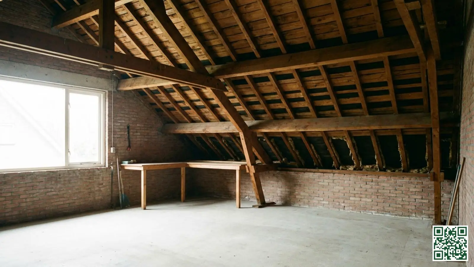 Binnenzijde van een Nederlandse garage met zichtbare houten dakbalken waar isolatie geplaatst kan worden