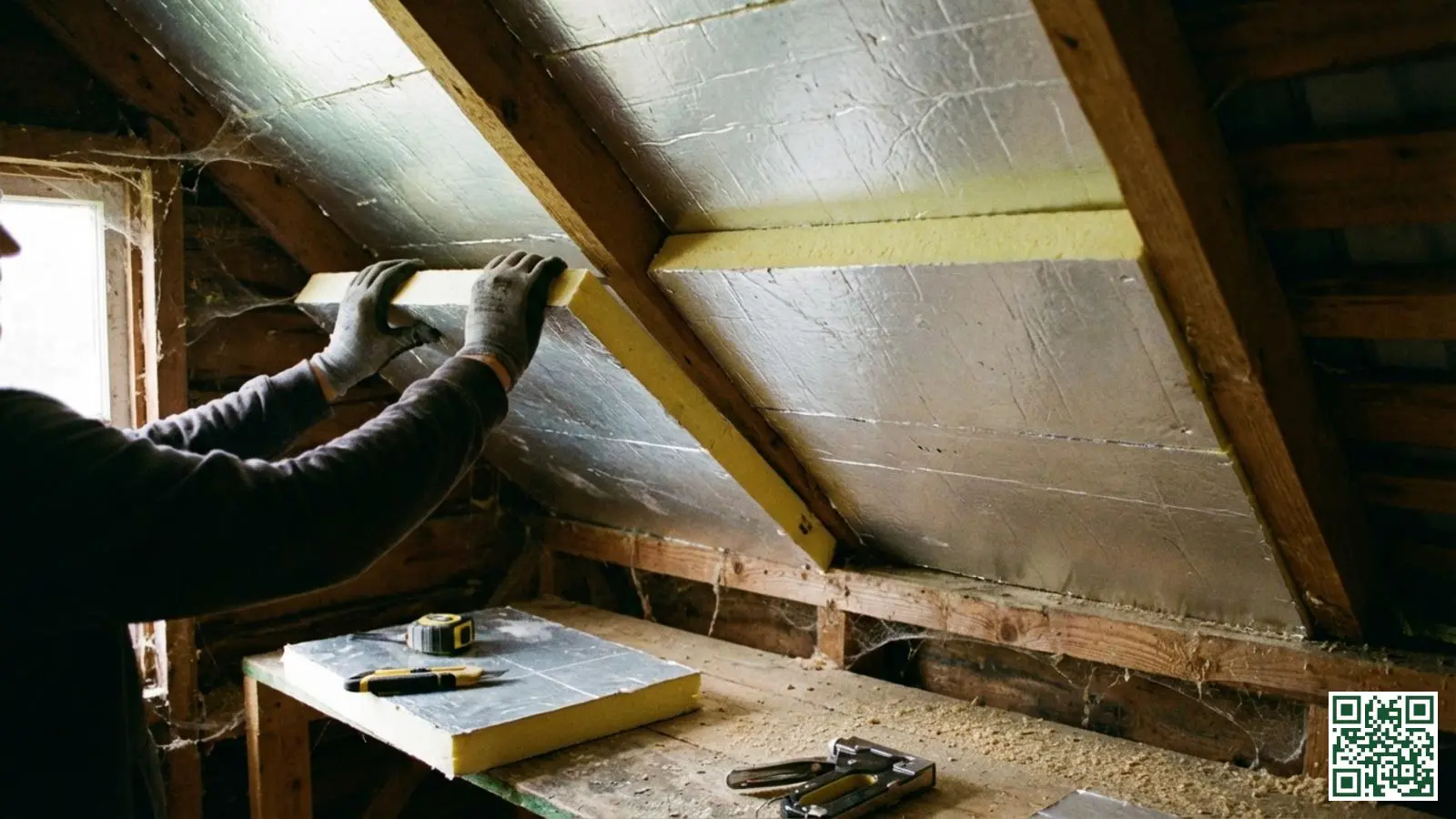 Installatie van isolatieplaten tegen een houten dakconstructie van een bijgebouw door een doe-het-zelver