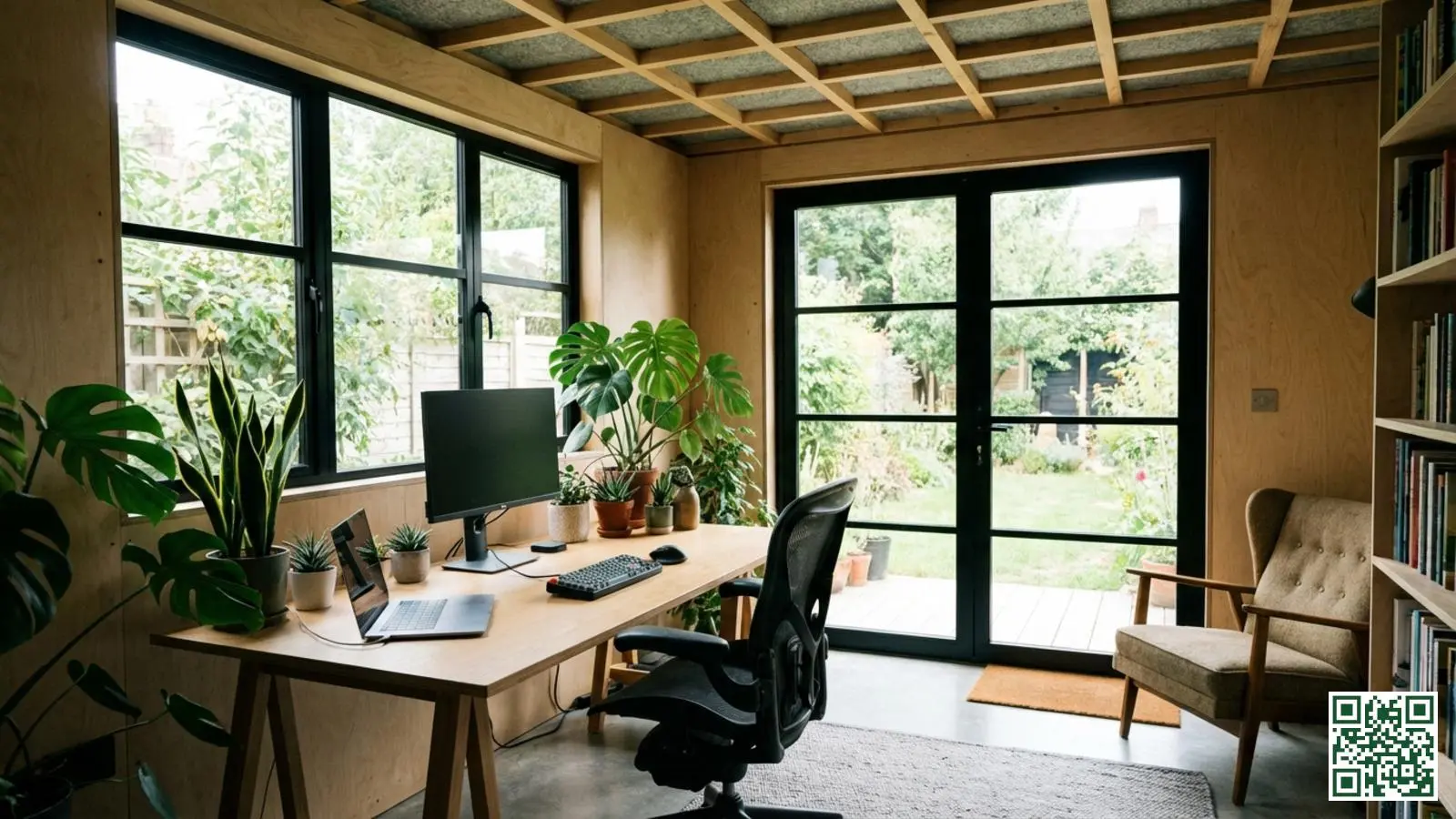Tuinhuis ingericht als thuiswerkplek met zichtbaar geïsoleerd plafond en grote ramen voor natuurlijk licht