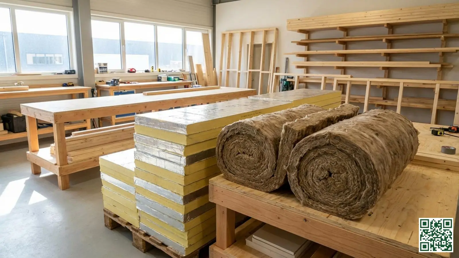 PIR-isolatieplaten en minerale wol isolatiemateriaal klaargelegd voor installatie in tuinhuis