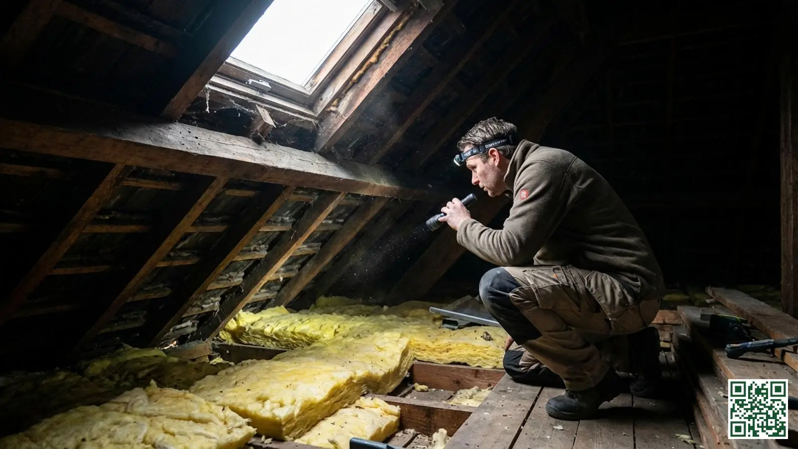 Vakman beoordeelt de dakisolatie status tussen houten balken in de zolder van een oudere Nederlandse woning