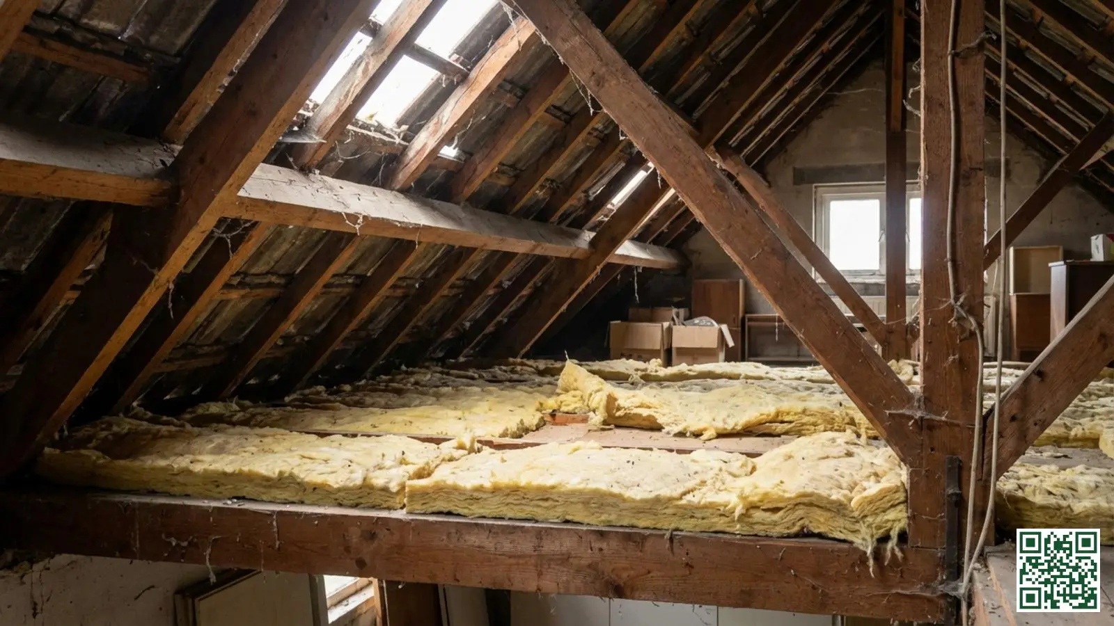 Dunne laag minerale wol isolatie van circa 10 centimeter tussen dakbalken typisch voor woningen uit begin 2000