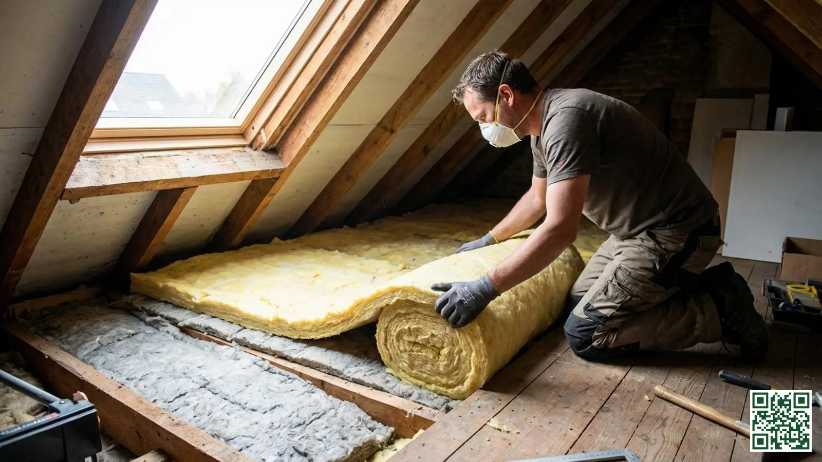 Vakman plaatst extra laag minerale wol isolatie over bestaande dunne isolatie in zolderruimte van woning