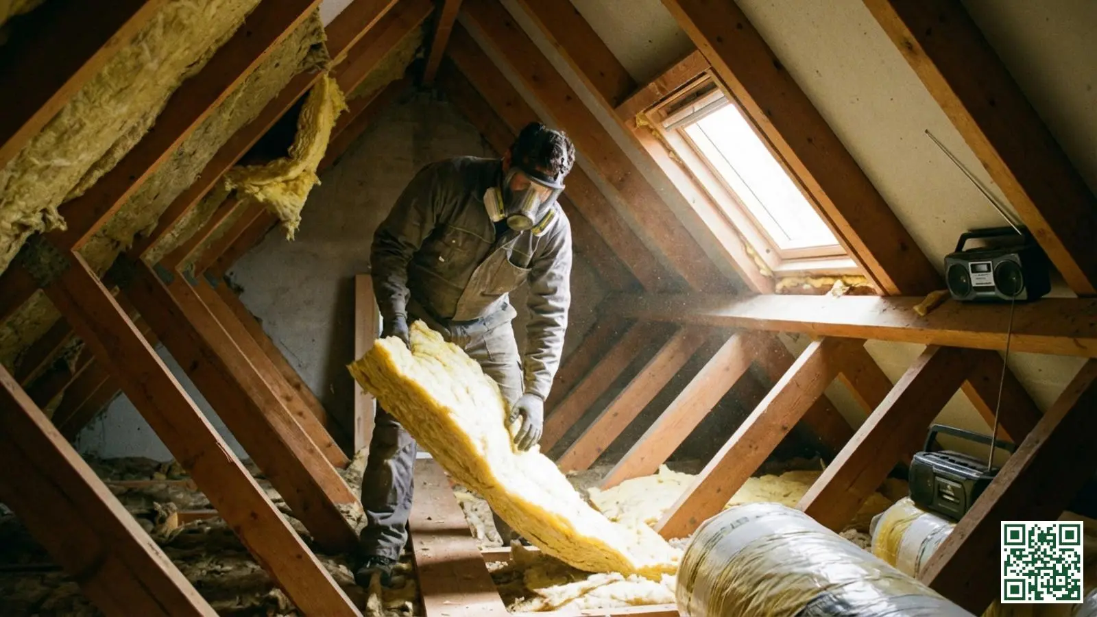 Isolatiemonteur verwijdert oude glaswol isolatie van dakbalken tijdens renovatie van naoorlogse woning