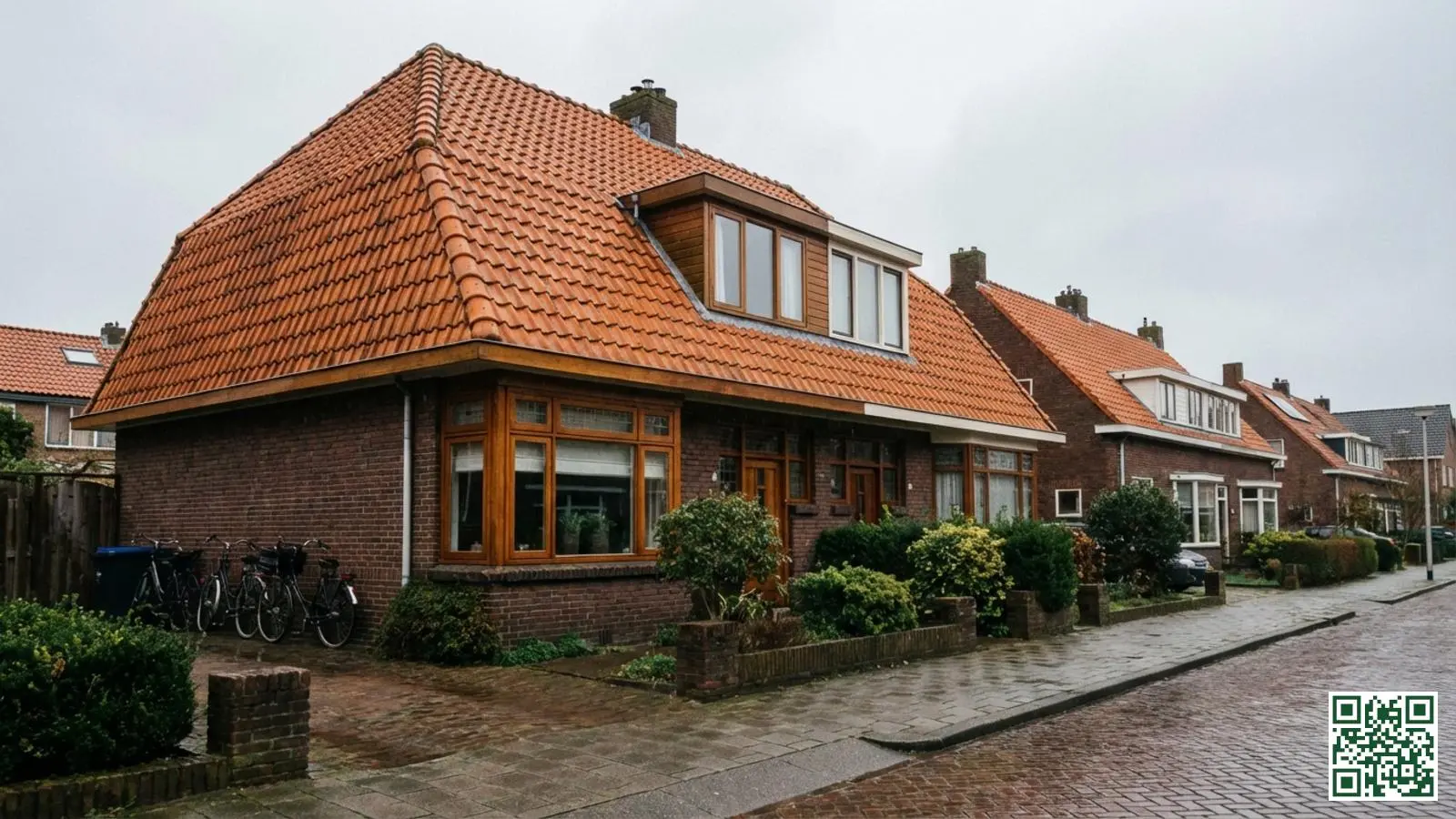 Typische Nederlandse naoorlogse woning uit de jaren tachtig met oranje dakpannen in een woonwijk