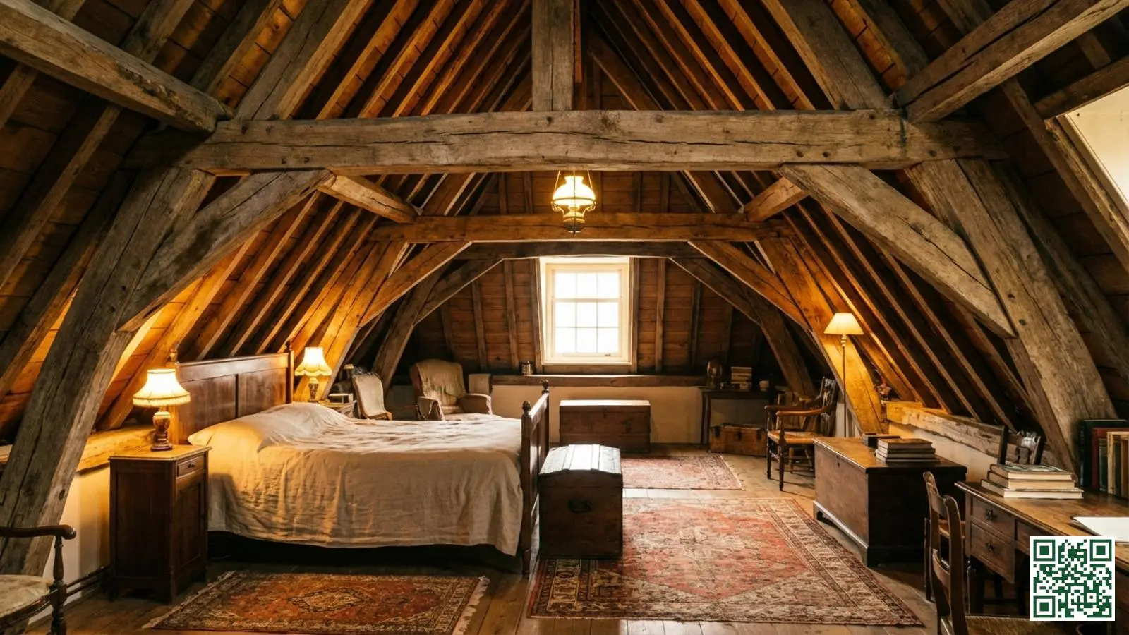 Authentieke zolderruimte van een vooroorlogse woning met behouden originele houten balkenconstructie