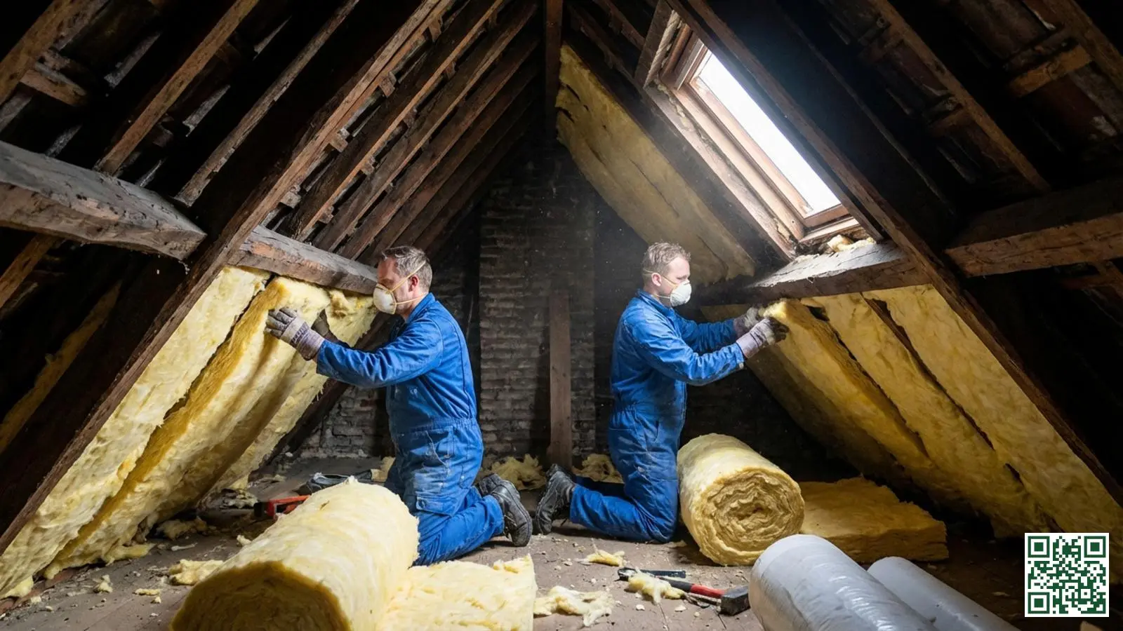 Professionele installateurs plaatsen minerale wol isolatie tussen houten dakbalken in een wederopbouwwoning