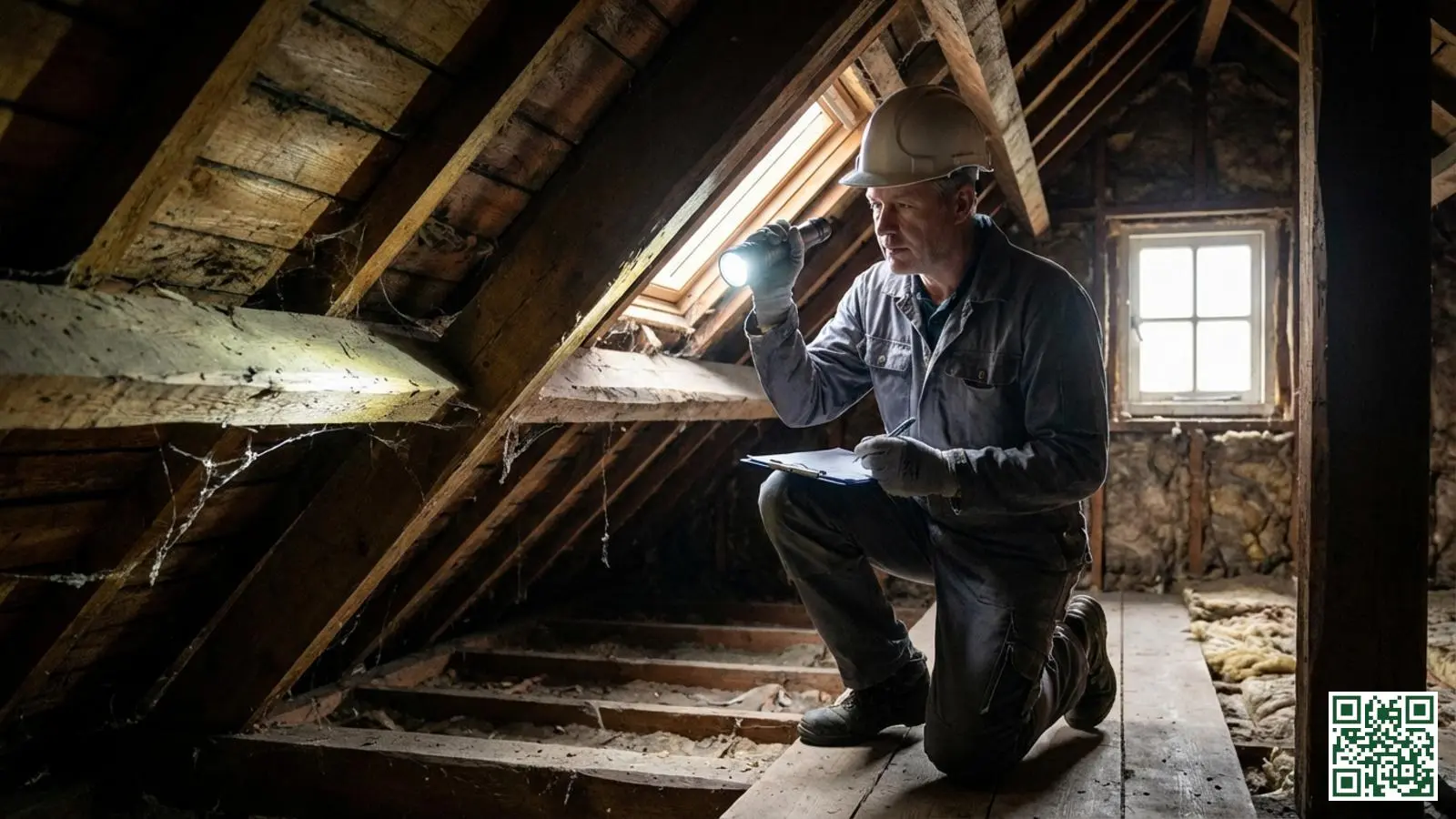 Bouwkundige inspecteert houten dakconstructie van een oude woning op houtrot en andere gebreken