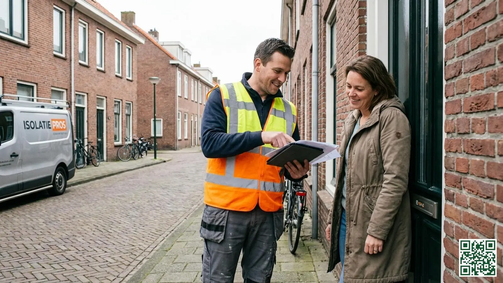 Isolatievakman bespreekt dakisolatie-opties met een huiseigenaar bij de voordeur van een Nederlandse woning