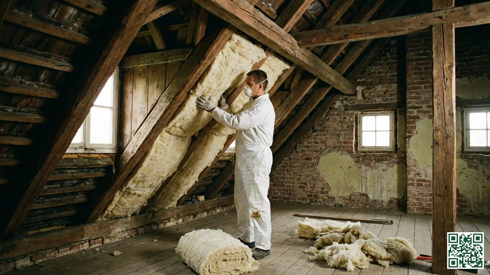 Vakman plaatst dampopen isolatiemateriaal tussen originele houten dakbalken in historische zolderruimte