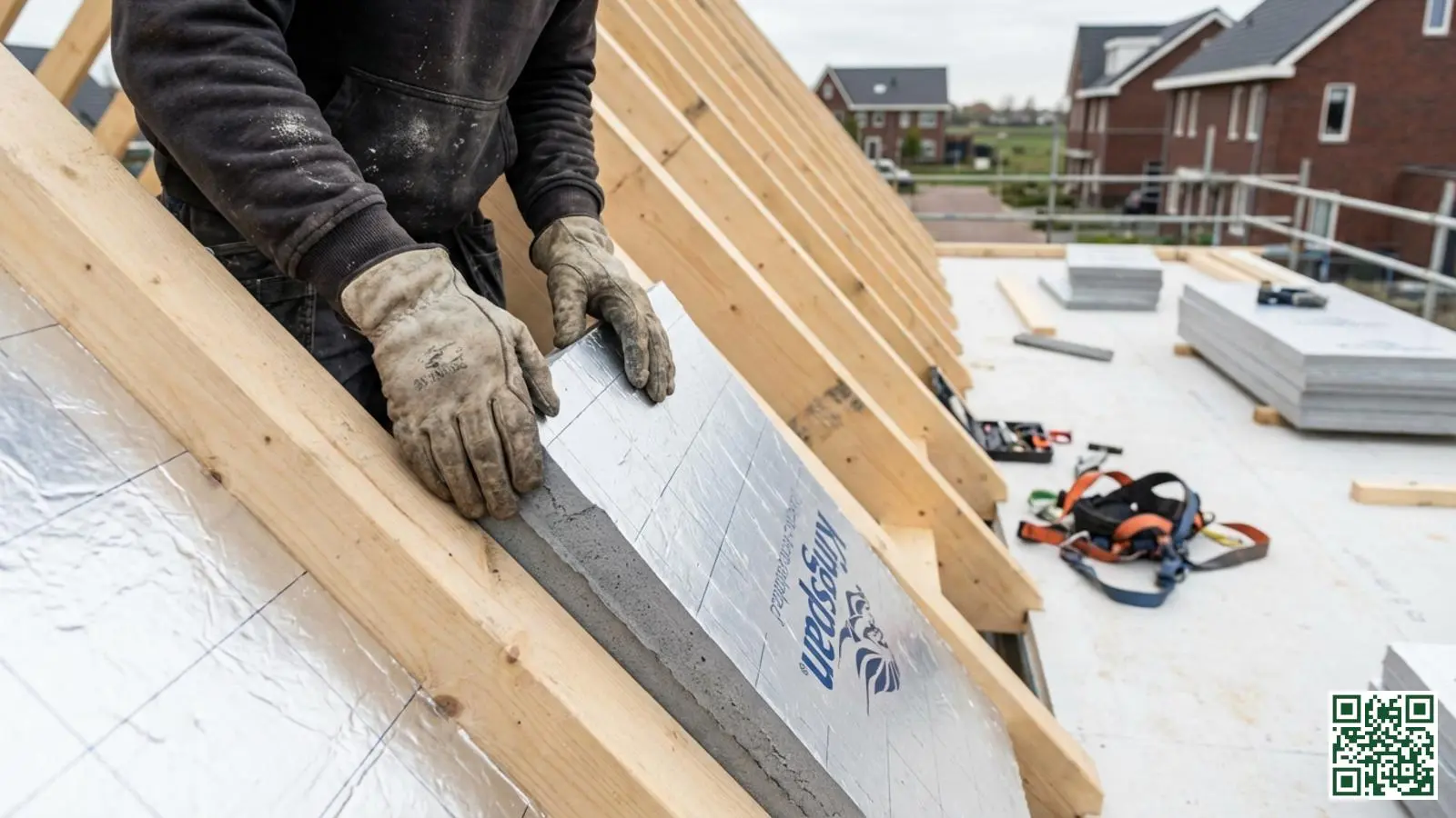 Bouwvakker plaatst isolatieplaten op het dak van een nieuwbouwwoning met zichtbare houten dakconstructie