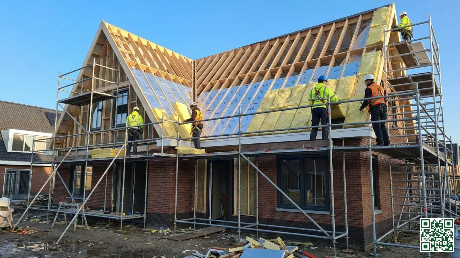 Nederlandse nieuwbouwwoning in aanbouw met zichtbare dakisolatie tussen de daksporen en bouwvakkers op de steiger