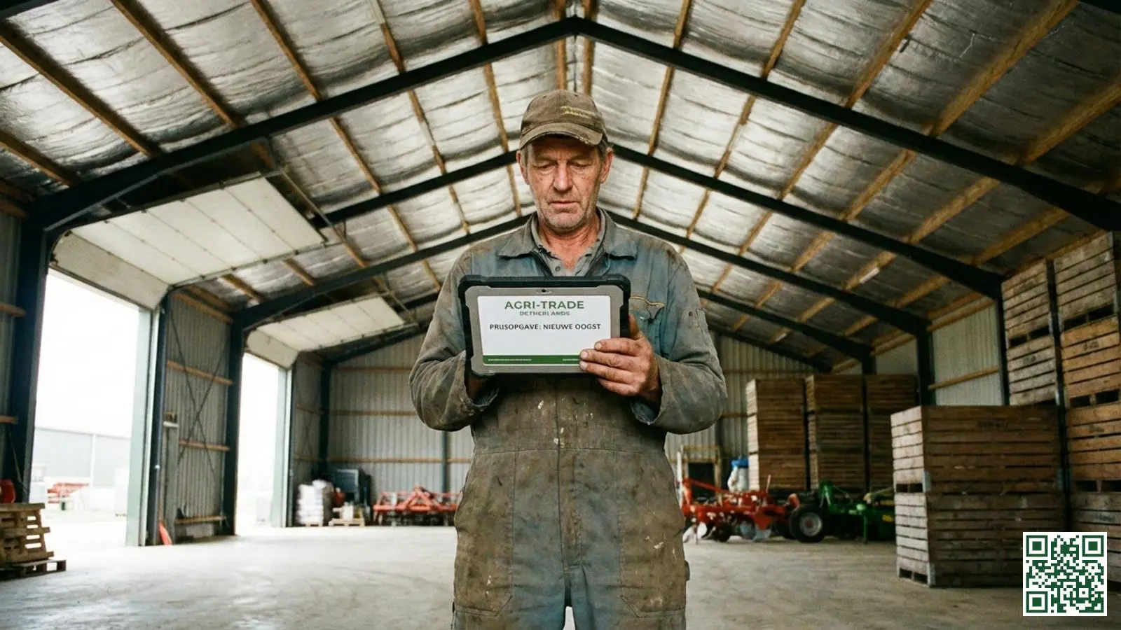Nederlandse agrariër bestudeert offertes voor dakisolatie in een grote agrarische schuur