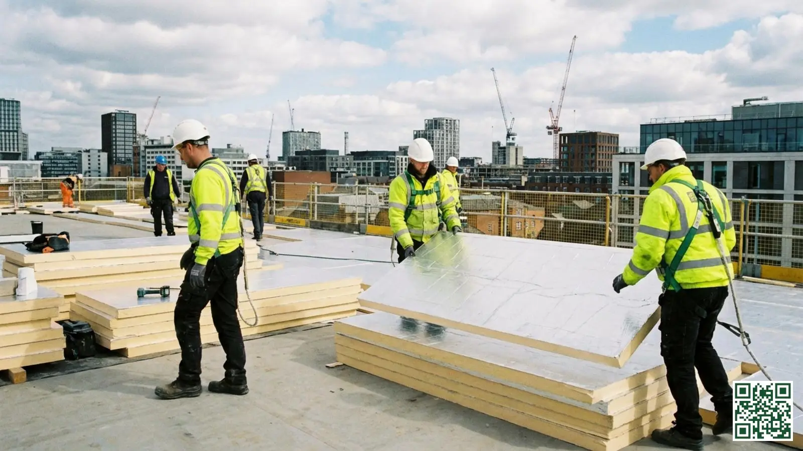 Professionele isolatie-installatie op het platte dak van een kantoorpand met veiligheidsuitrusting