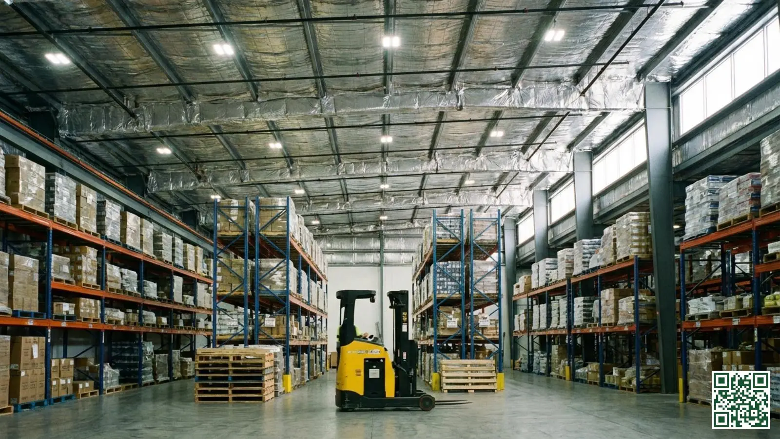 Modern magazijn interieur met geïsoleerd dak zichtbaar en vorkheftruck tussen opslagstellingen