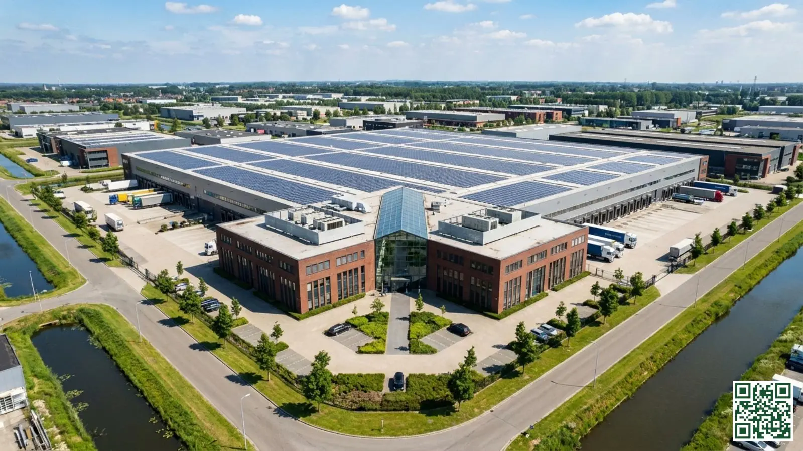 Groot Nederlands bedrijfspand met professioneel onderhouden plat dak en dakinstallaties in industriegebied