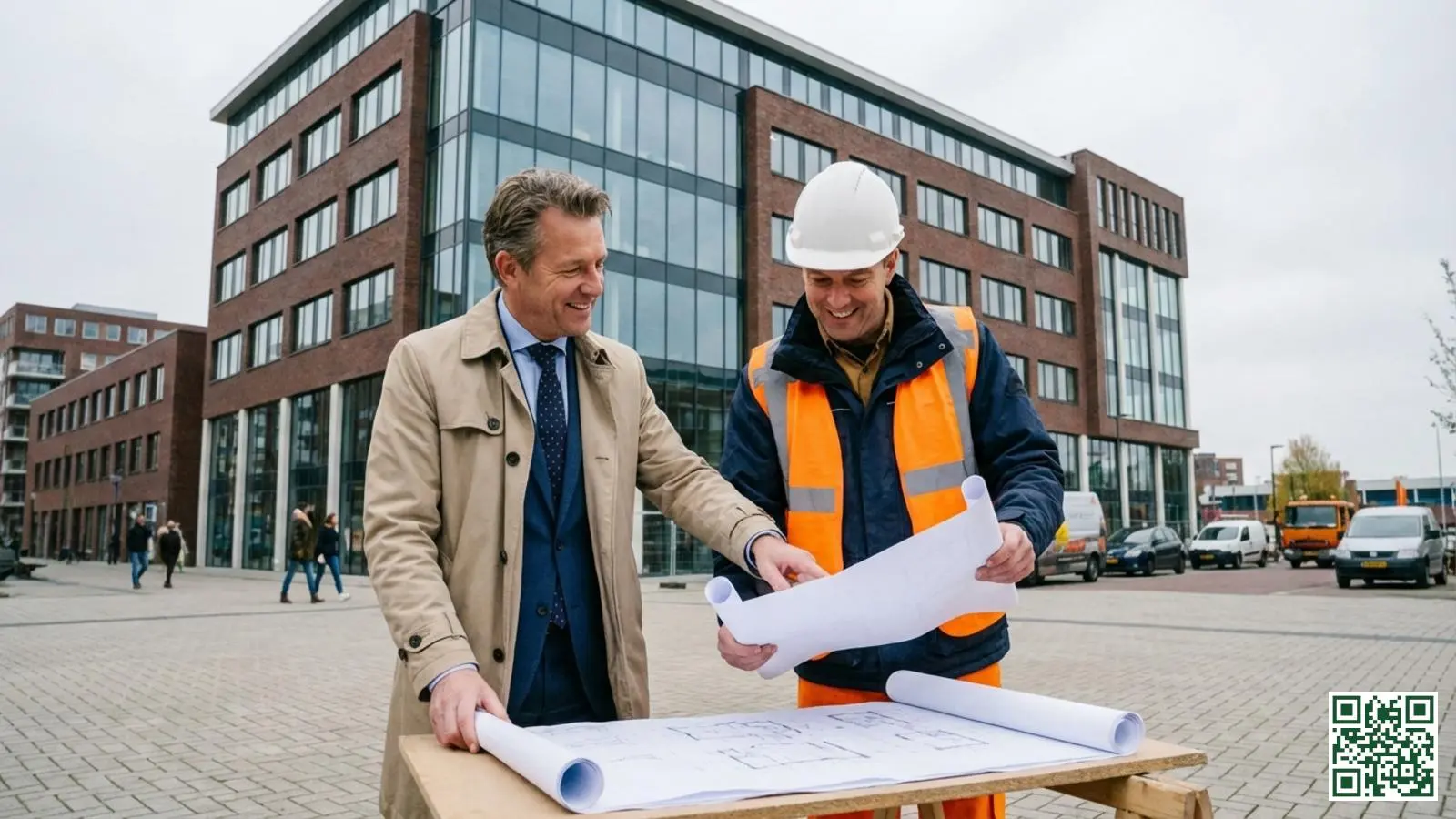Nederlandse ondernemer bespreekt isolatieproject met aannemer terwijl ze bouwtekeningen bekijken bij bedrijfspand