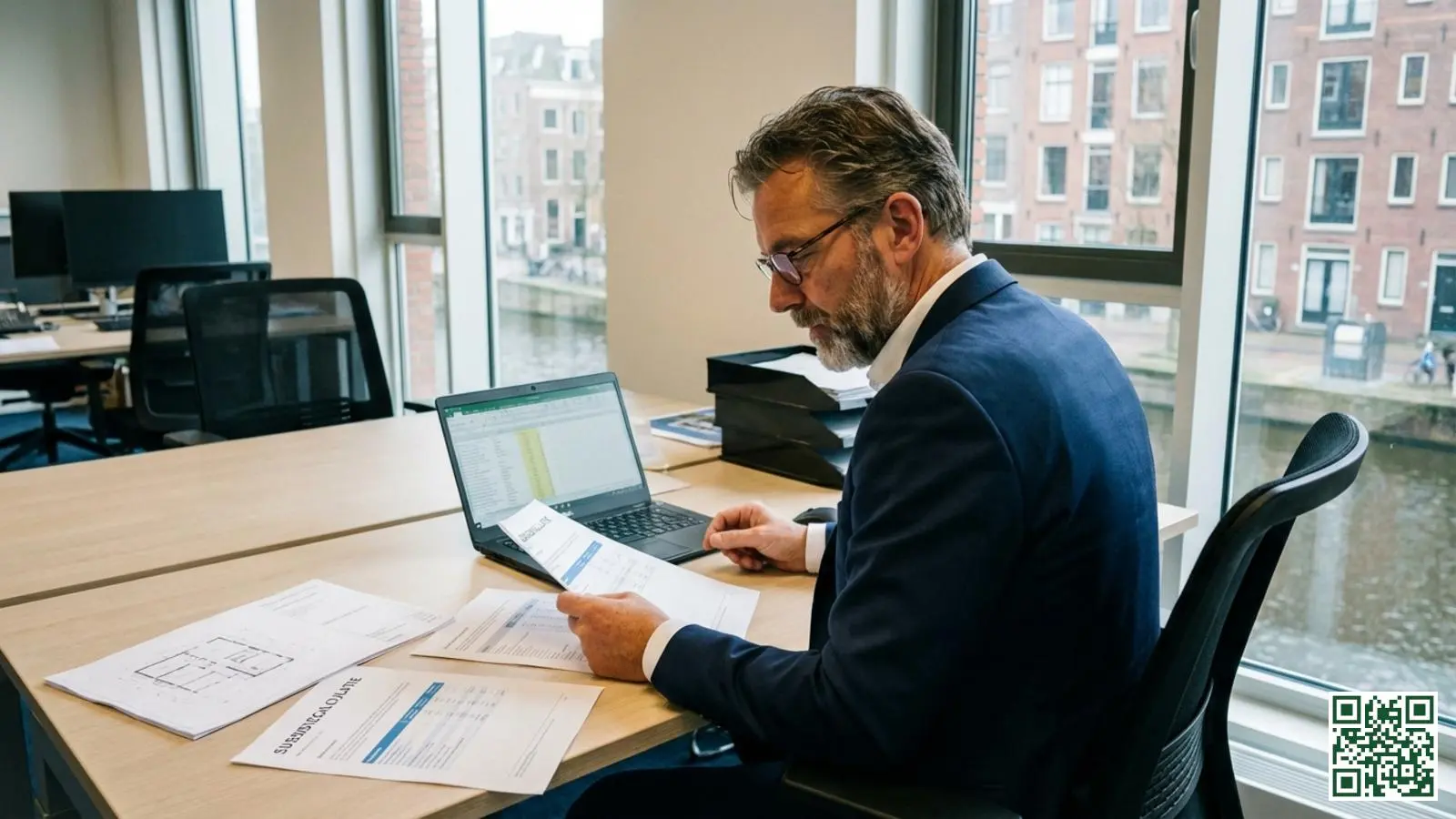 Ondernemer bekijkt zakelijke subsidiedocumenten voor dakisolatie aan bureau met laptop