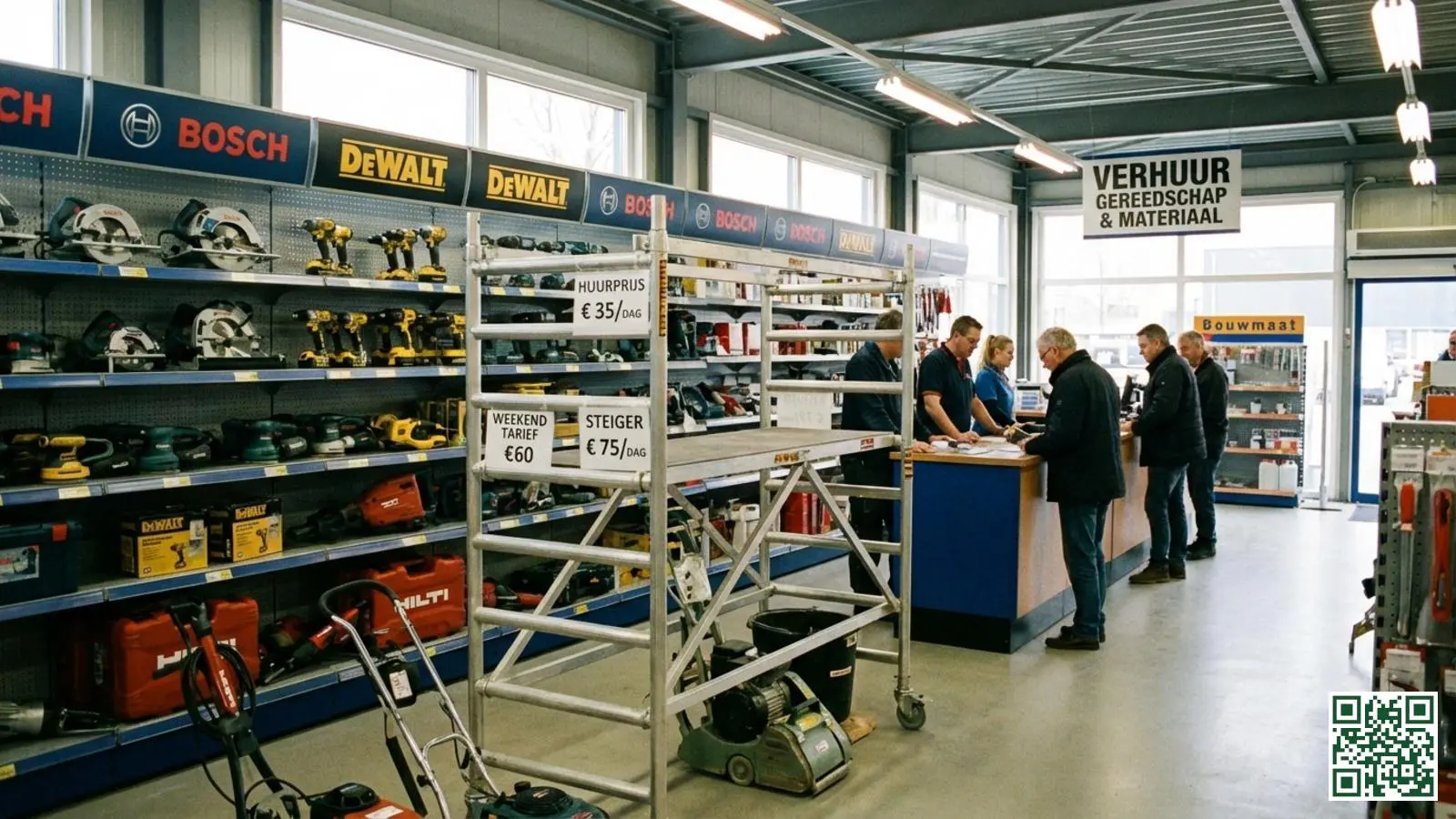 Gereedschapsverhuur afdeling in bouwmarkt met elektrisch gereedschap en hulpmiddelen voor isolatieprojecten