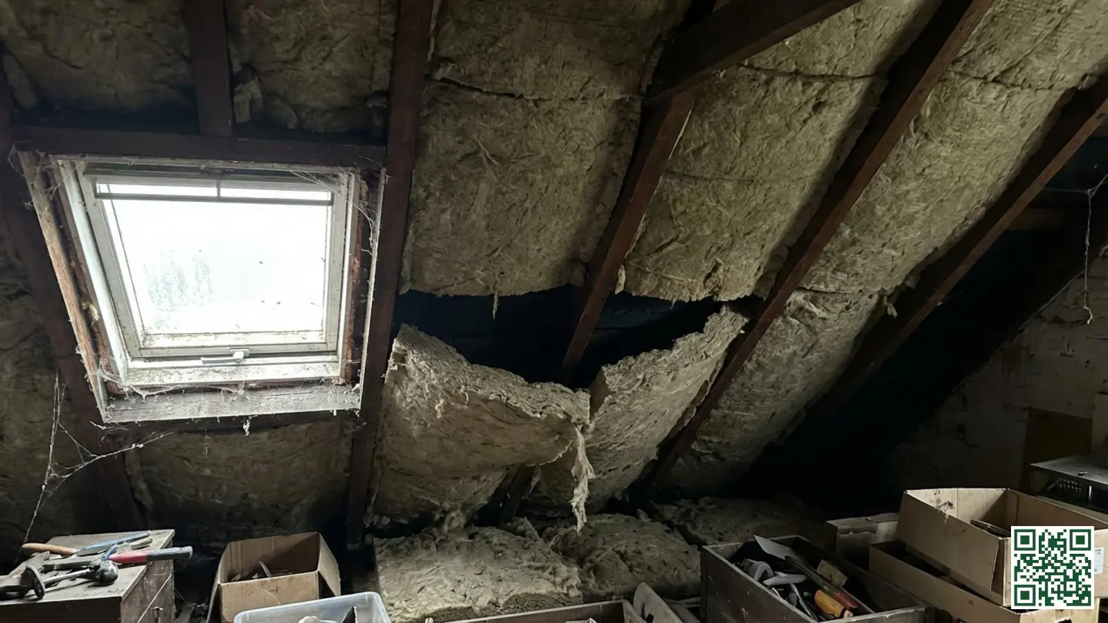 Verkeerd geplaatste dakisolatie met zichtbare kieren tussen minerale wol en houten spanten in een zolderruimte