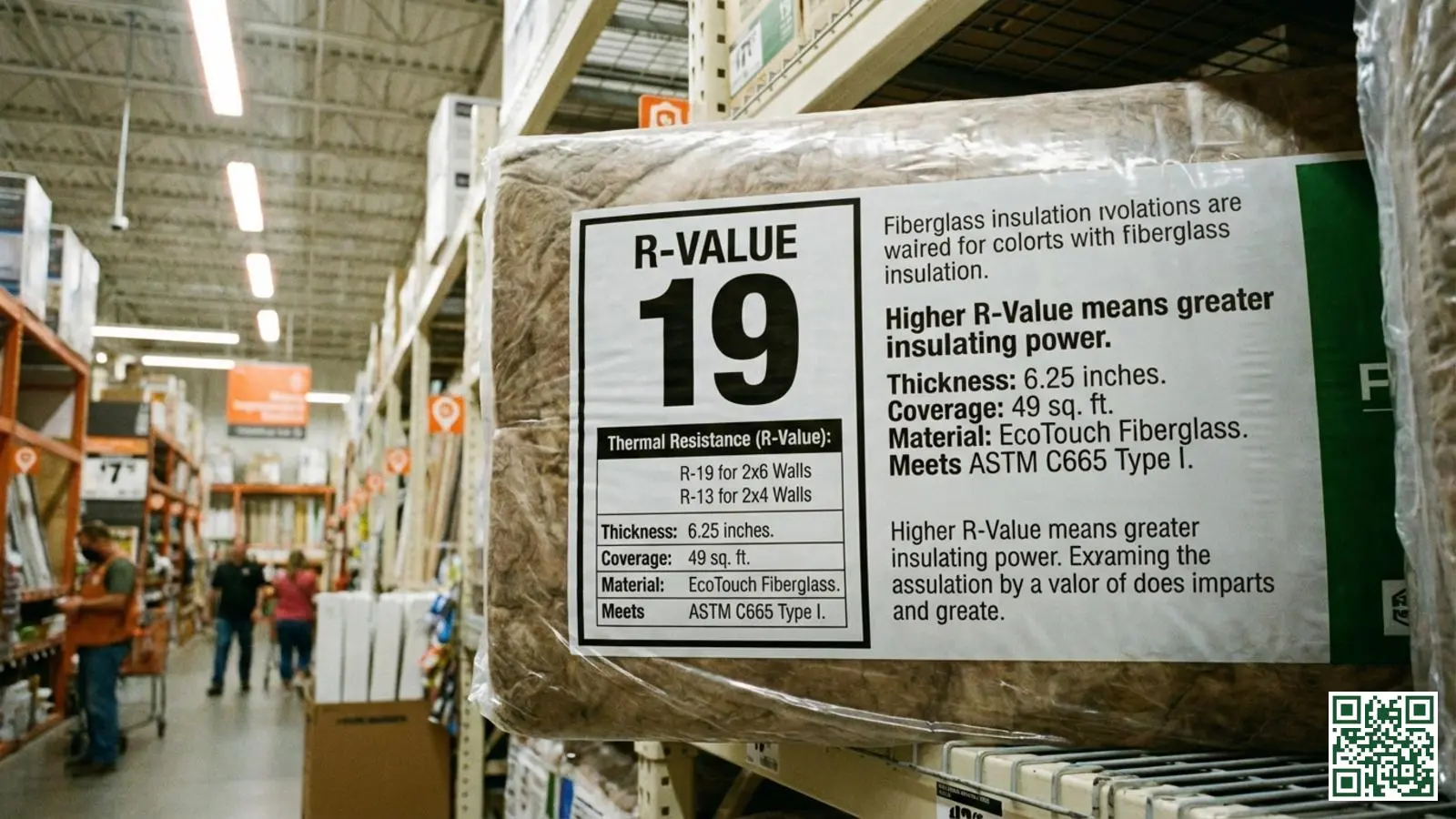 Isolatiemateriaal verpakking met zichtbare R-waarde en thermische specificaties in een bouwmarkt