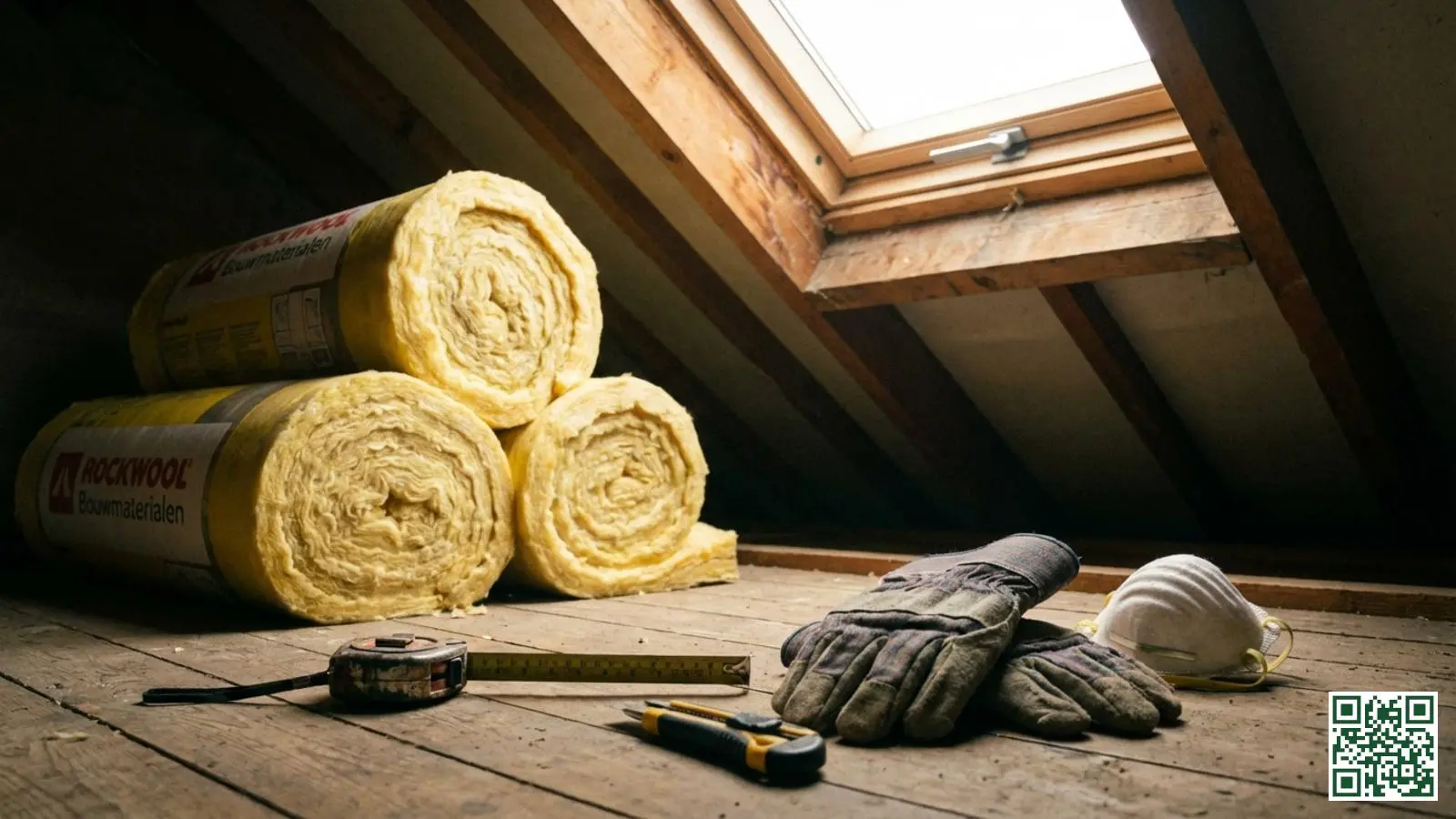 Isolatiemateriaal en gereedschap klaargelegd op een zoldervloer voor een doe-het-zelf dakisolatie project