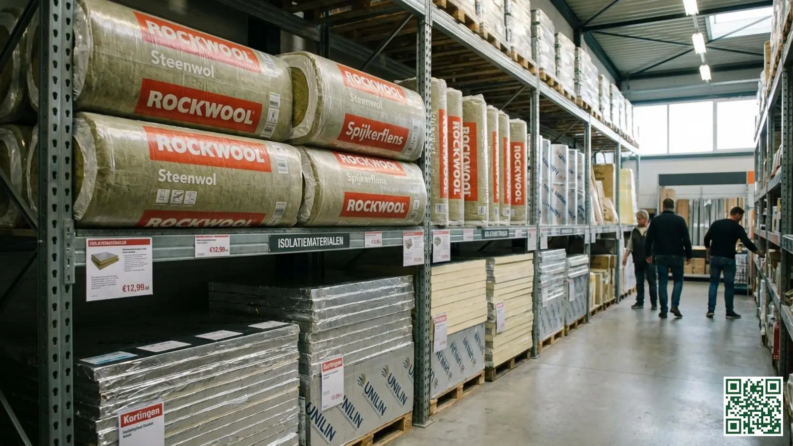 Diverse isolatiematerialen op de schappen van een Nederlandse bouwmarkt met prijskaartjes