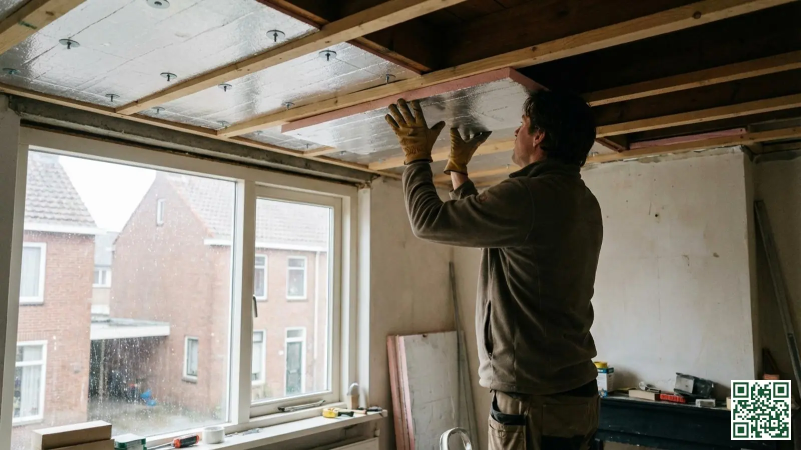 Isolatieplaten worden tegen de binnenzijde van een plat dak plafond bevestigd in een Nederlandse woning