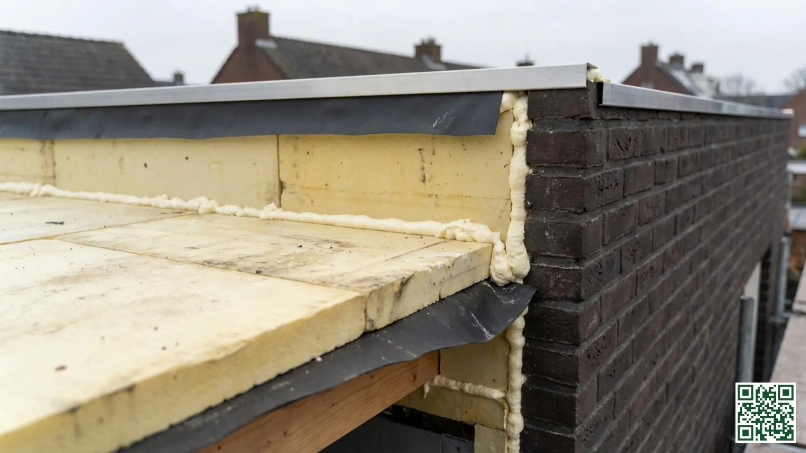 Detailfoto van dakrand met isolatie die netjes aansluit op de opstand van een plat dak
