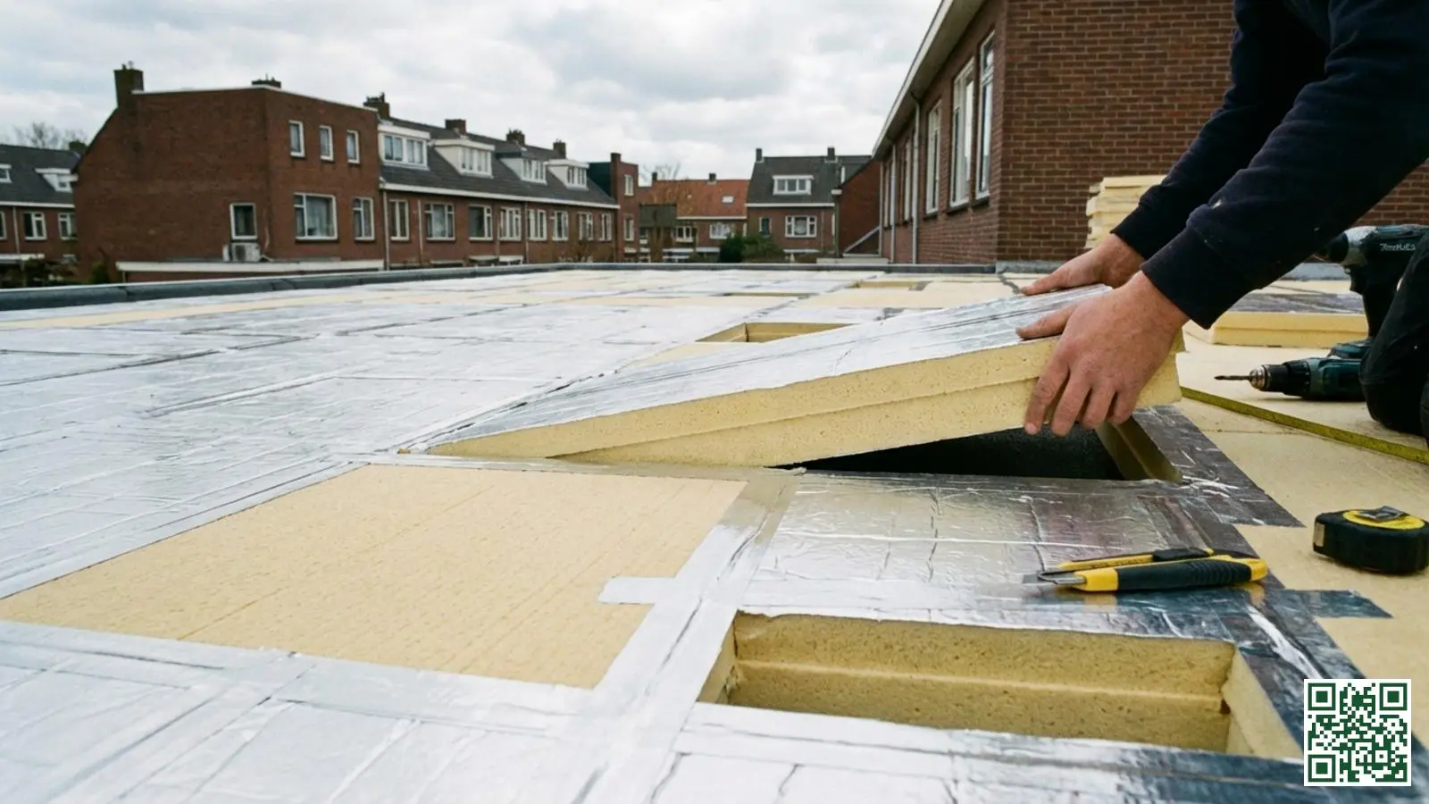 PIR-isolatieplaten worden geplaatst op een plat dak tijdens een doe-het-zelf isolatieproject