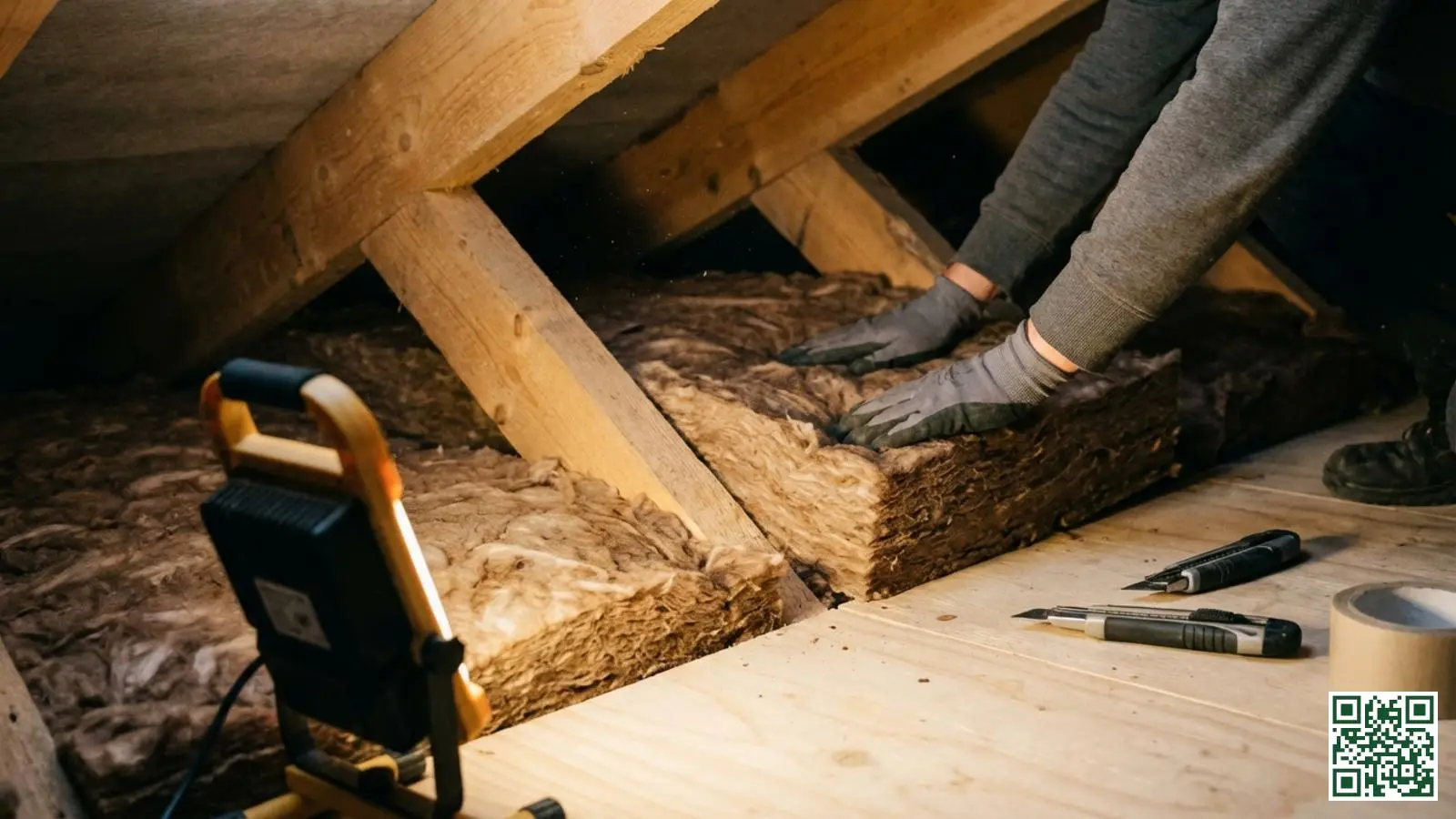 Isolatiemateriaal wordt klemvast tussen de houten dakspanten van een schuin dak geplaatst