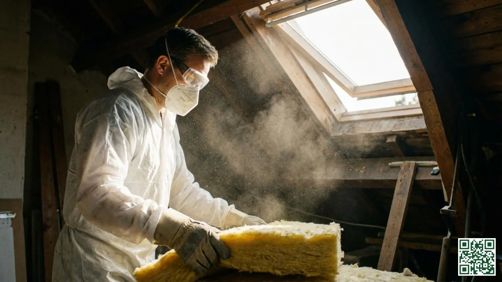 Doe-het-zelver draagt beschermende kleding en stofmasker bij het werken met glaswol isolatiemateriaal