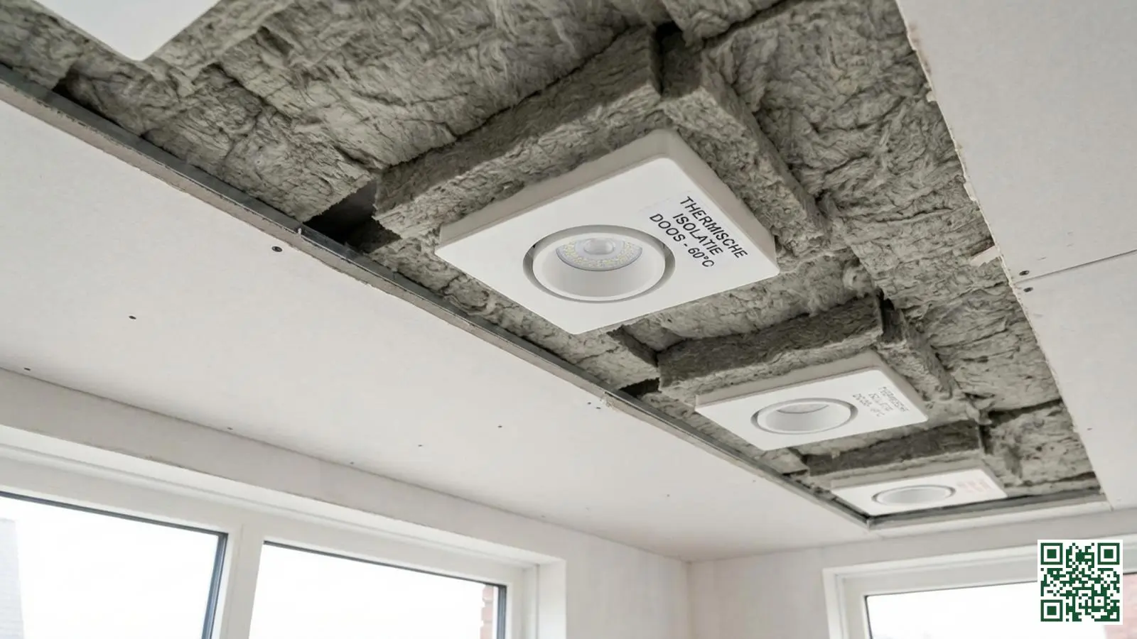 Correct geïnstalleerde inbouwspots in geïsoleerd plafond met veilige afstand tot het isolatiemateriaal