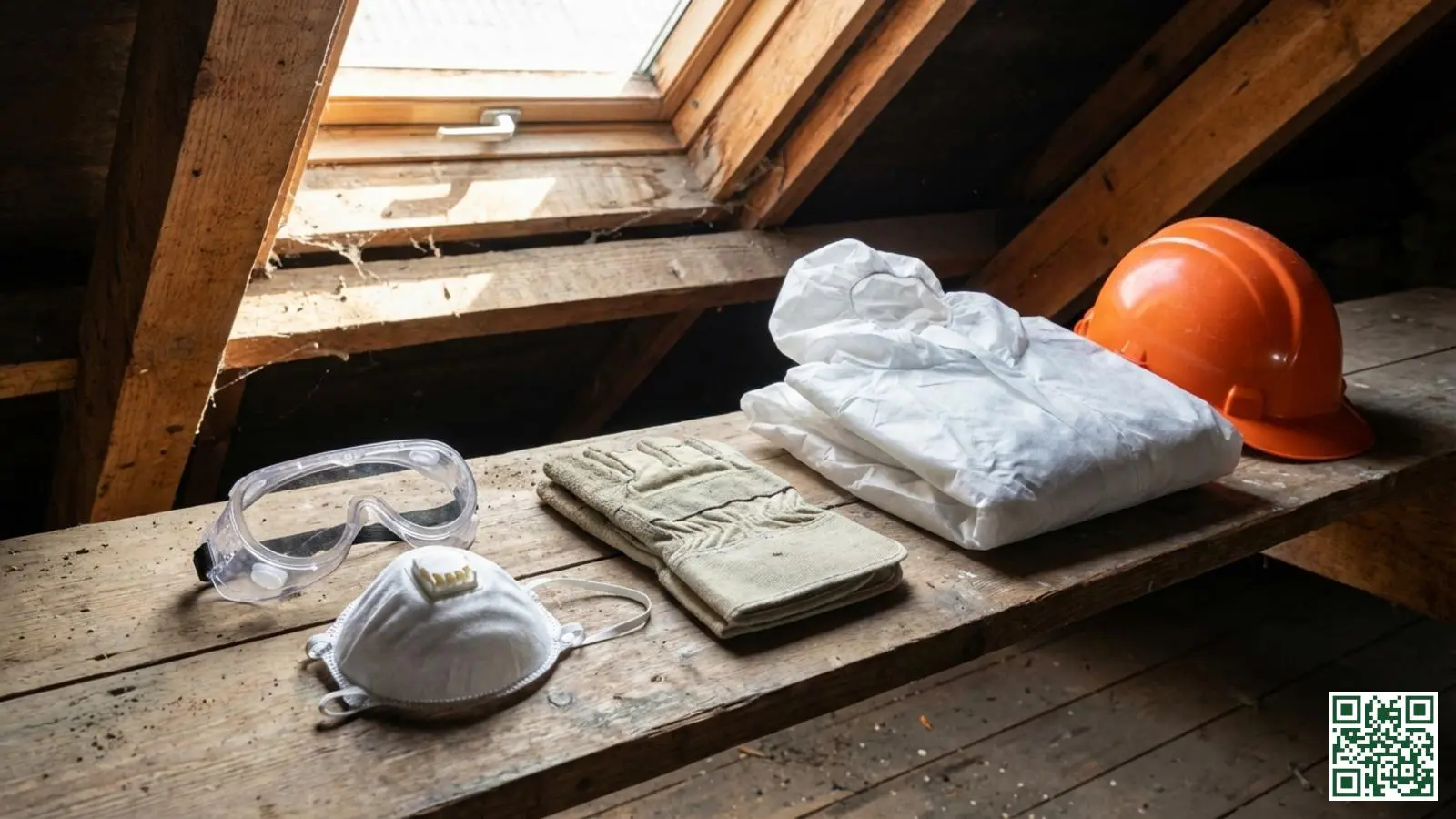 Veiligheidsuitrusting voor het zelf isoleren van een dak met stofmasker, handschoenen en beschermende bril